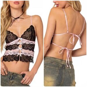 Edikted Womens Whimsigoth Coquette Cara Sheer Lace Open Back Top Size XS